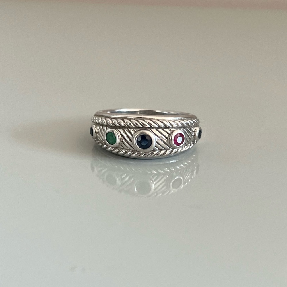 Judith Ripka Sapphire Ruby Emerald Twisted Cable Sterling Silver Ring Size 11